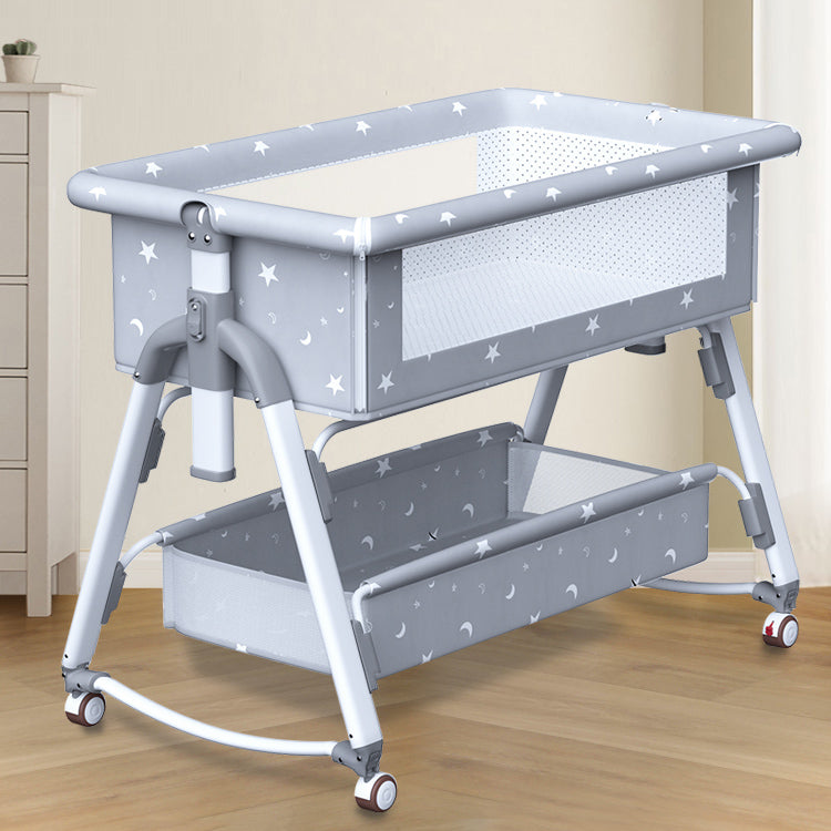 Gliding Square Crib Cradle Metal Cradle with 4 Wheels and Storage Shelf