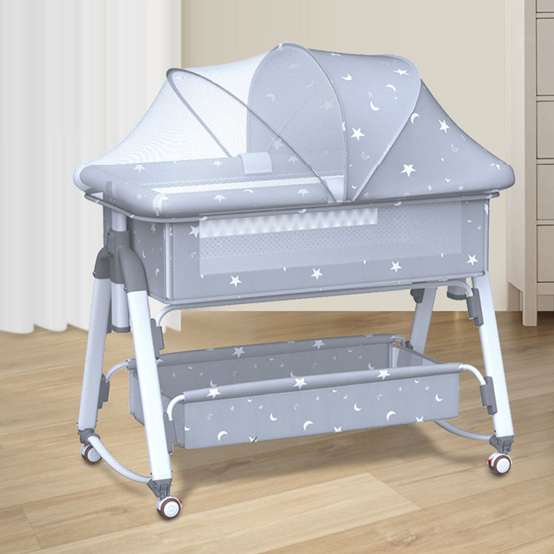Gliding Square Crib Cradle Metal Cradle with 4 Wheels and Storage Shelf