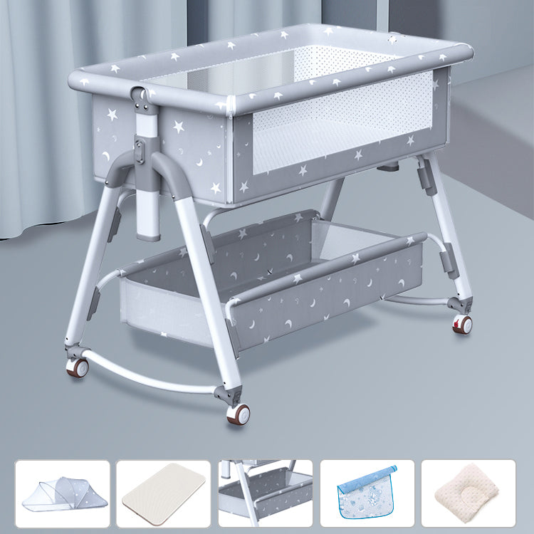 Gliding Square Crib Cradle Metal Cradle with 4 Wheels and Storage Shelf
