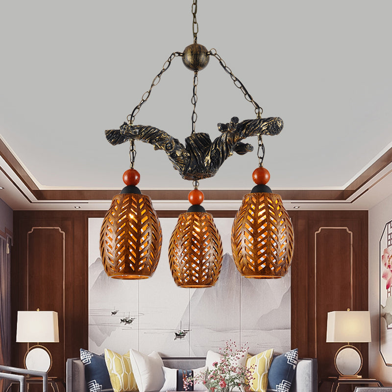 3 Heads Chandelier Lamp Countryside Elongated Dome Wood Pendant Light Fixture in Brown with Resin Branch Beam