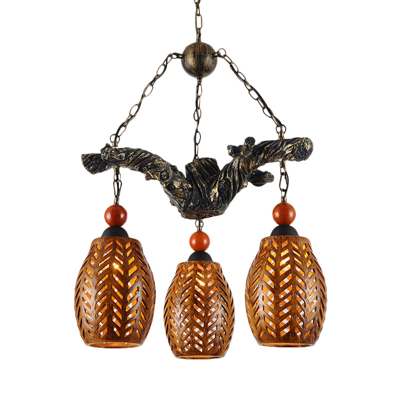 3 Heads Chandelier Lamp Countryside Elongated Dome Wood Pendant Light Fixture in Brown with Resin Branch Beam