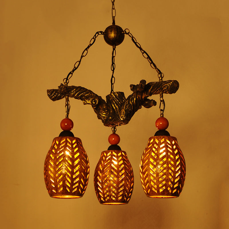 3 Heads Chandelier Lamp Countryside Elongated Dome Wood Pendant Light Fixture in Brown with Resin Branch Beam