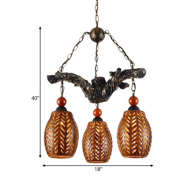 3 Heads Chandelier Lamp Countryside Elongated Dome Wood Pendant Light Fixture in Brown with Resin Branch Beam