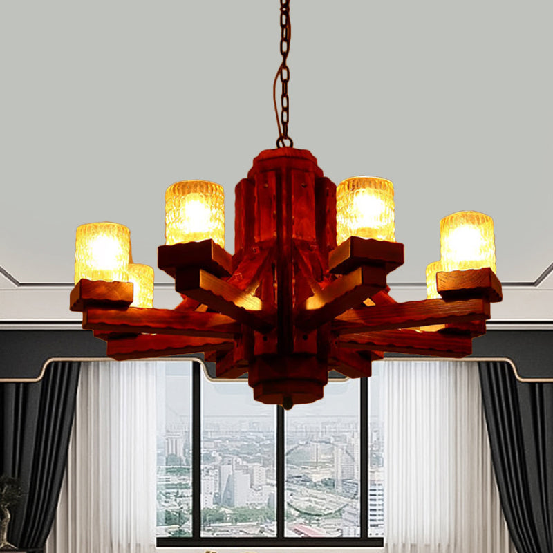 Marrone Sputnik sospeso lampadario in legno rustico 8 luci da soggiorno Apparecchiatura a soffitto con tela in vetro con cilindro