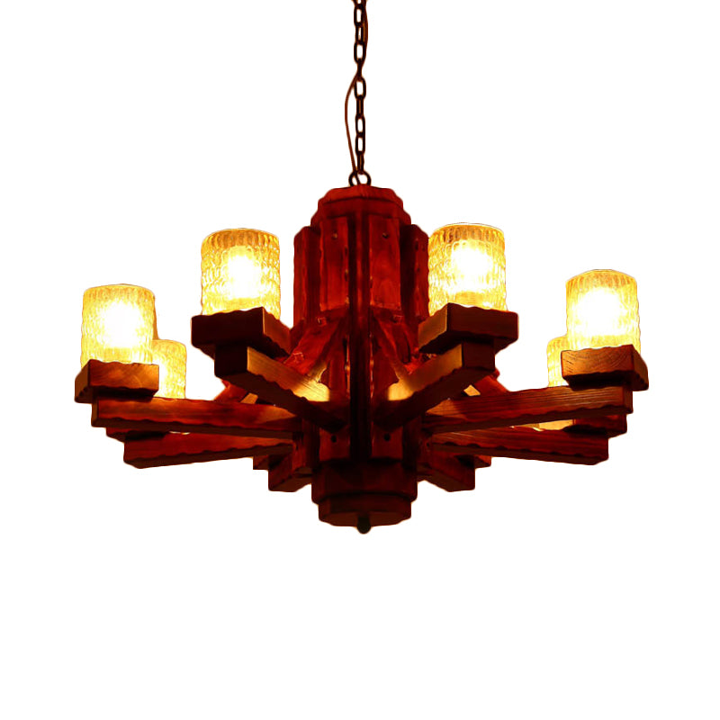 Marrone Sputnik sospeso lampadario in legno rustico 8 luci da soggiorno Apparecchiatura a soffitto con tela in vetro con cilindro