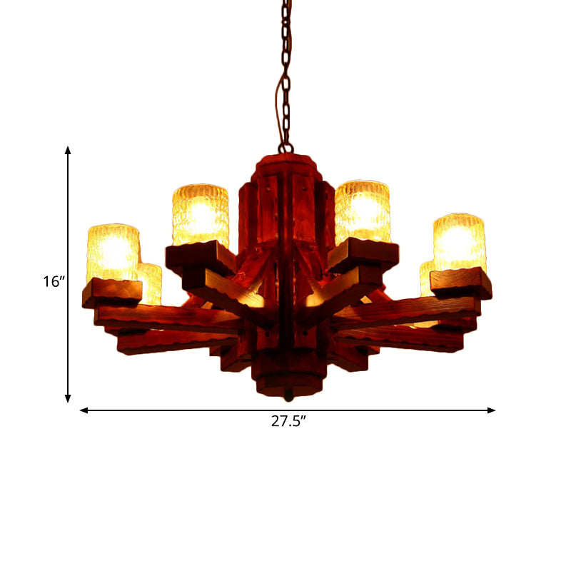 Marrone Sputnik sospeso lampadario in legno rustico 8 luci da soggiorno Apparecchiatura a soffitto con tela in vetro con cilindro