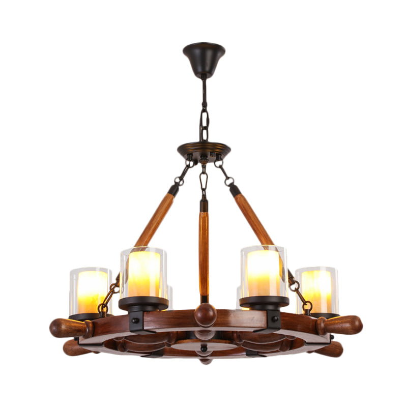 Marble/Clear Glass Brown Chandelier Cylinder 6/8 Lights Traditional Rope Pendant Lamp with Wood Rudder Design