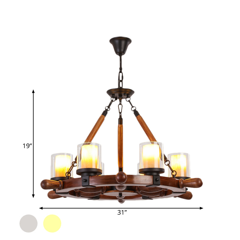 Marble/Clear Glass Brown Chandelier Cylinder 6/8 Lights Traditional Rope Pendant Lamp with Wood Rudder Design