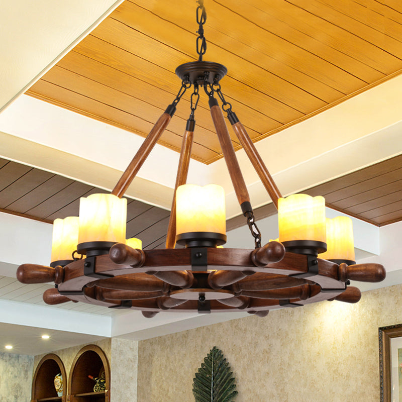 Marble/Clear Glass Brown Chandelier Cylinder 6/8 Lights Traditional Rope Pendant Lamp with Wood Rudder Design