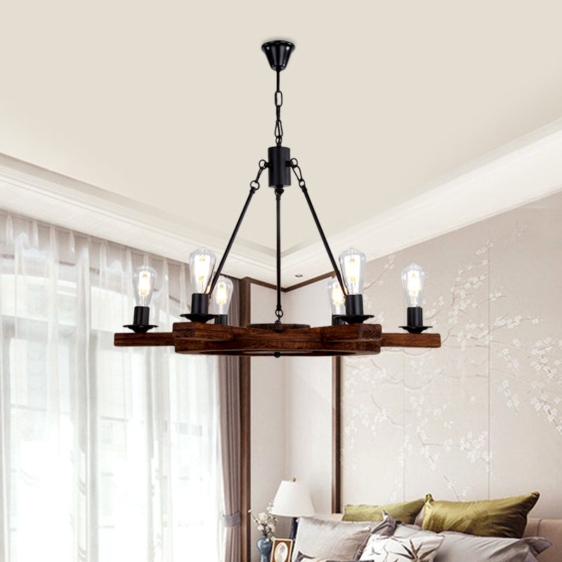 6 luci timesatore di lampadario di lampadario Country Brawn Legno Apparecchiatura a soffitto con design a bulbo nudo per camera da letto