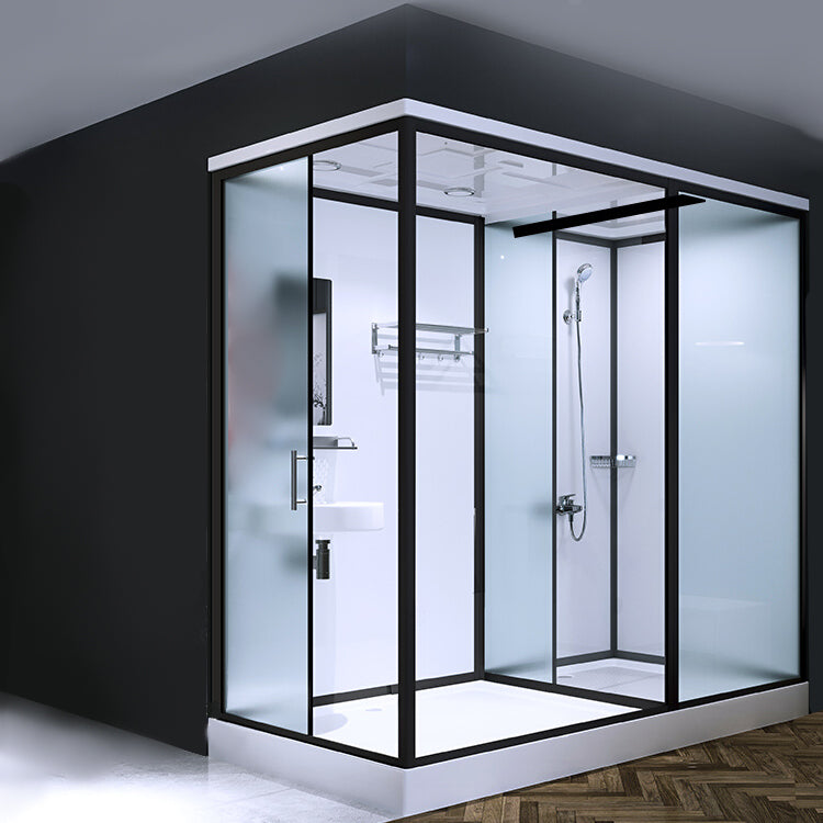 Framed Tempered Glass Shower Stall with Back Wall Panel and Shower Base