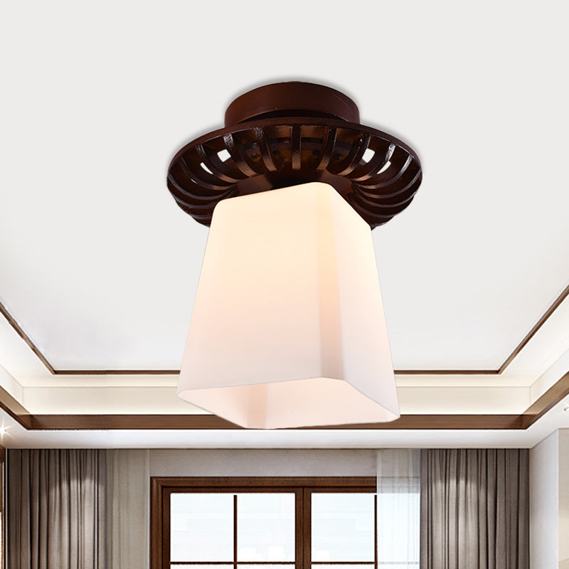 Brown Globe/Square Flush Mount Countryside Cream Glass 1 Head Corridor Flush Ceiling Light with Wood Frame