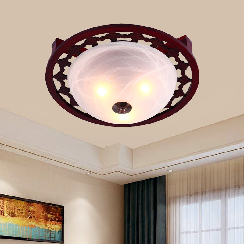 3-Light Frosted Glass Flush Mount Lighting Rustic Brown Domed Bedroom Close to Ceiling Lamp with Round Wood Design