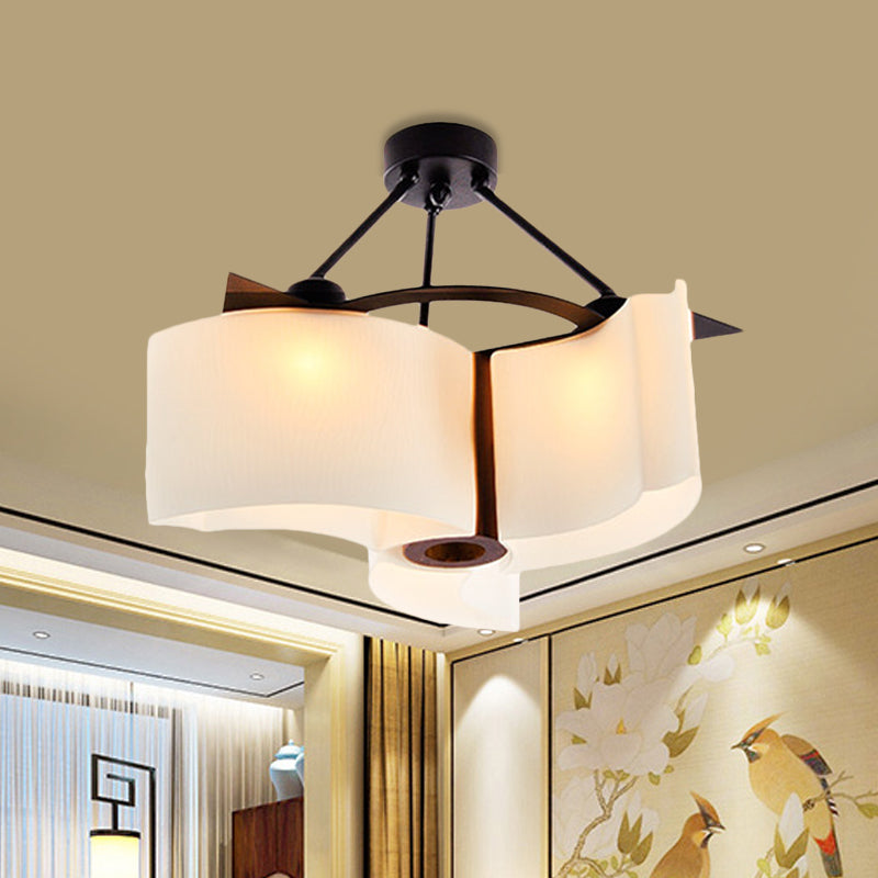 3 Lights Twisted Shade Semi Flush Ceiling Light Classic White Glass Lighting Fixture with Wood Design