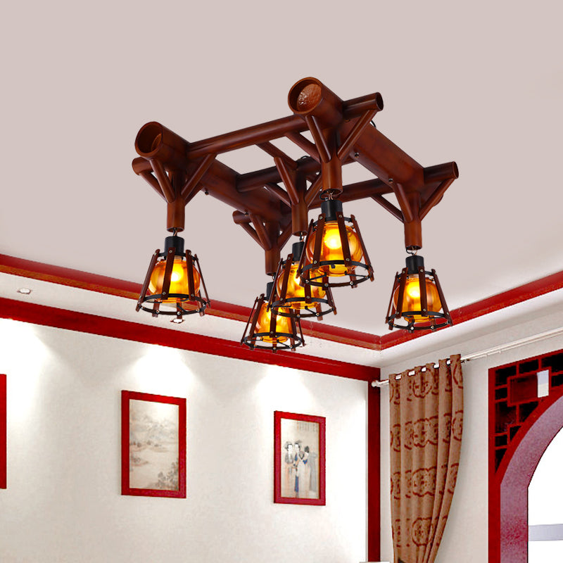 Conical Cage Wood Semi Flush Mount Country 5 Heads Ceiling Light Fixture in Brown