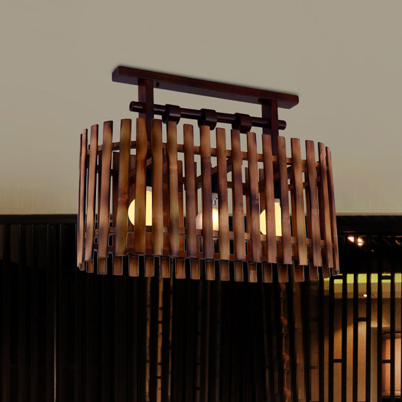 Bamboo Oval/Cylinder Cage Semi-Flush Mount Country 1/2-Light Corridor Ceiling Lamp in Brown with Wood Linear Canopy