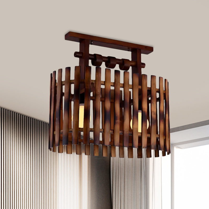 Bamboo Oval/Cylinder Cage Semi-Flush Mount Country 1/2-Light Corridor Ceiling Lamp in Brown with Wood Linear Canopy