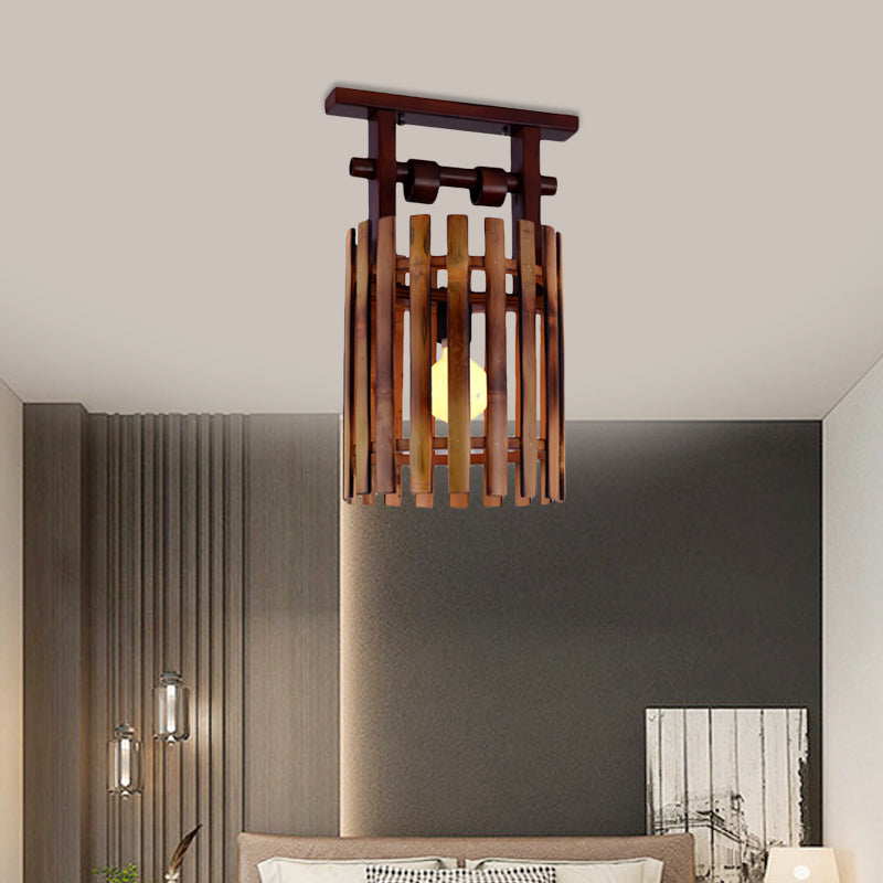 Bamboo Oval/Cylinder Cage Semi-Flush Mount Country 1/2-Light Corridor Ceiling Lamp in Brown with Wood Linear Canopy