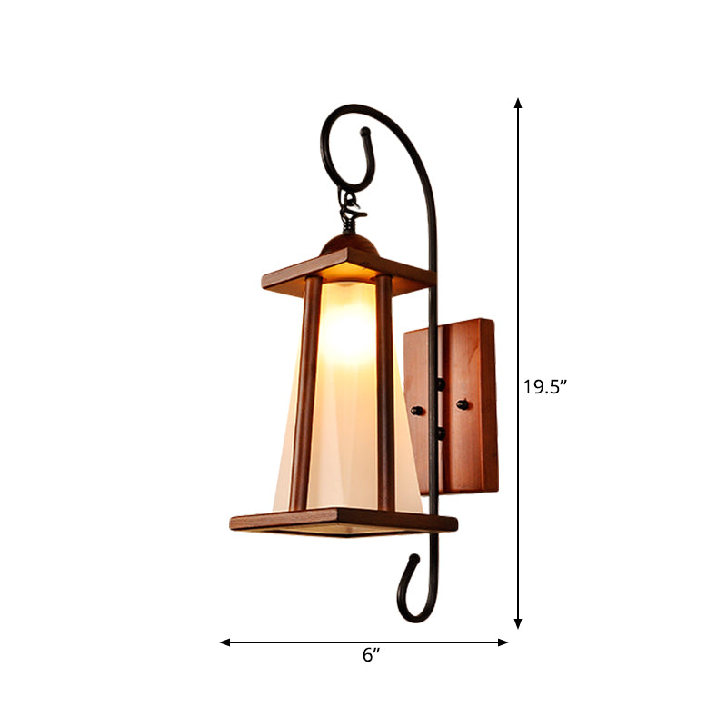 Trapezoid Bedroom Wall Lighting Rustic Frosted Glass 1-Light Brown Wall Light Sconce with Wood Frame