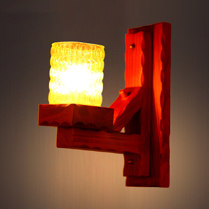 Red Brown Cylinder Wall Mount Lamp Traditional Dimple Glass 1/2-Light Bedroom Sconce Light Fixture with Wood Arm