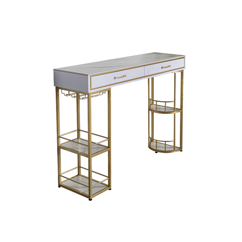 Stone Rectangle Bar Table Metal Base with Drawers for Living Room