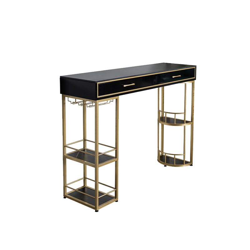 Stone Rectangle Bar Table Metal Base with Drawers for Living Room