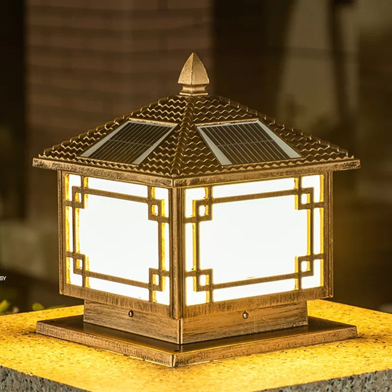 Square Shape Solar Pillar Lamp Contemporary Metal Outdoor Waterproof Light