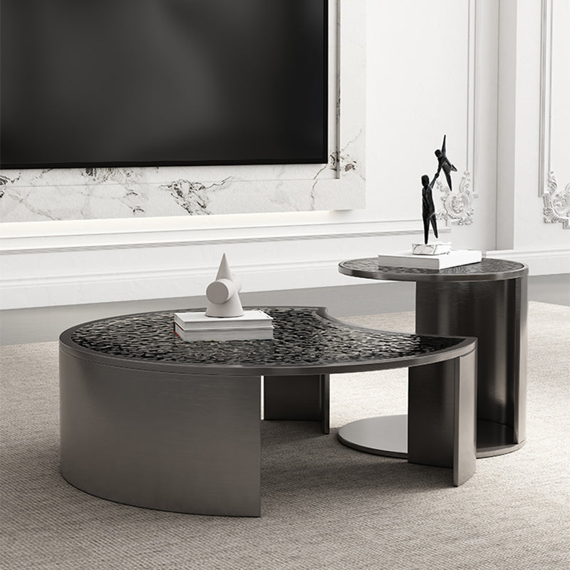 Glass Top Coffee Table Round Nesting Coffee Table Set with Grey Legs