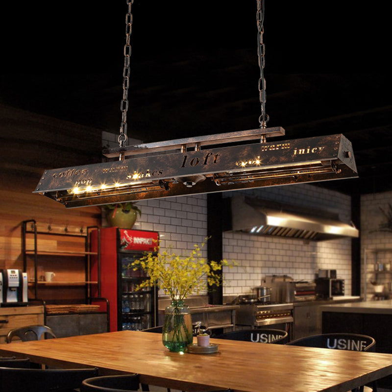 Metal Brass Island Pendant Light Rectangle 2 Heads Loft Style Hanging Lamp with Etched Letter