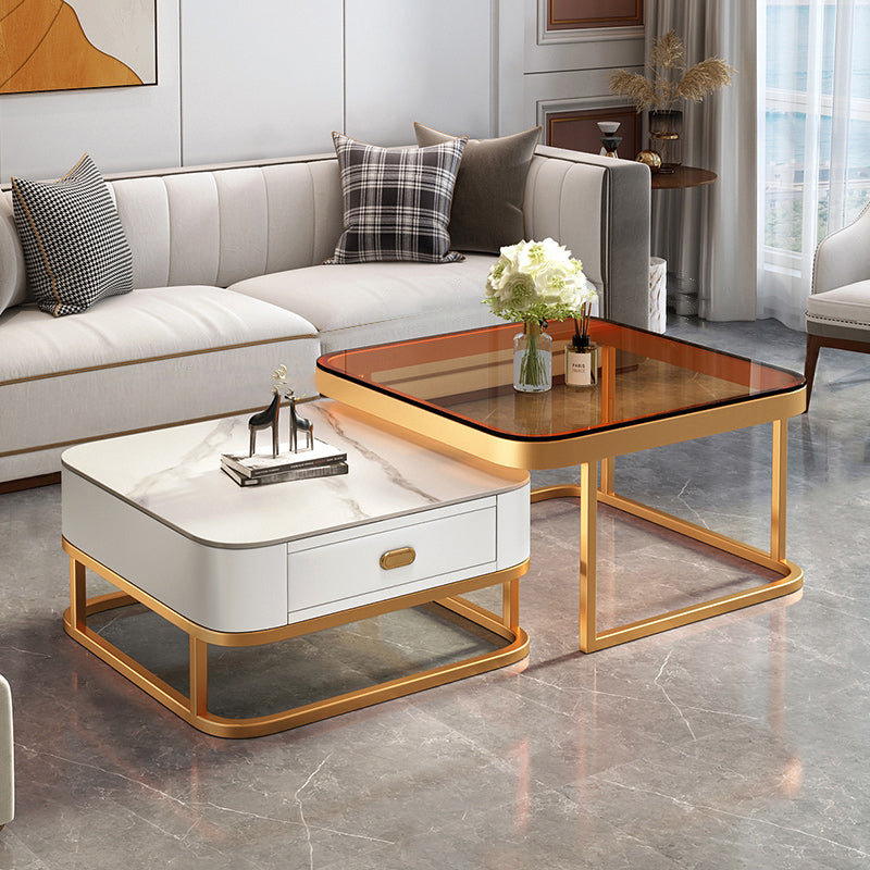 Modern Coffee Table Glass Top Square Nesting Coffee Table Set