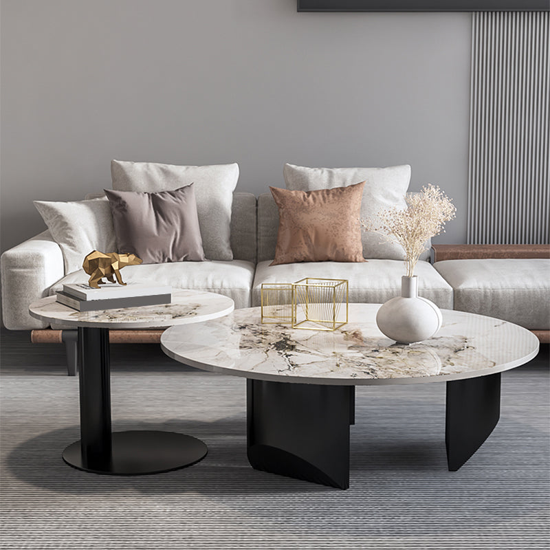 Modern Coffee Table Slate Round Nesting Coffee Table Set with Black Legs
