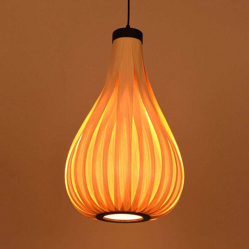 Brown/White Water Drop Pendant Light Asian Style Wooden Single Head Hanging Lamp over Dining Table