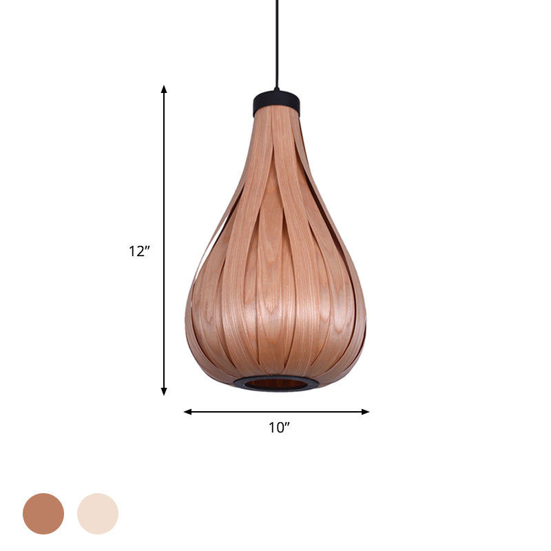 Brown/White Water Drop Pendant Light Asian Style Wooden Single Head Hanging Lamp over Dining Table