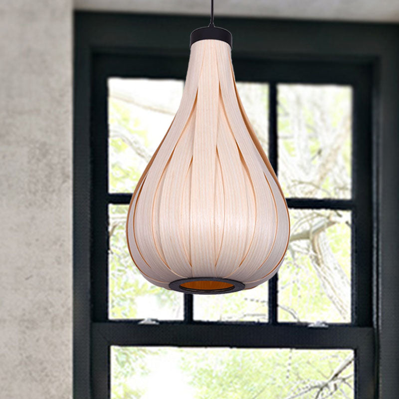 Brown/White Water Drop Pendant Light Asian Style Wooden Single Head Hanging Lamp over Dining Table
