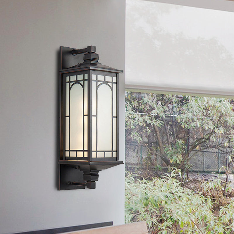 Black 1 Head Wall Sconce Lighting Country Opal Glass Cuboid Wall Lamp with Curved/Rectangle Pattern