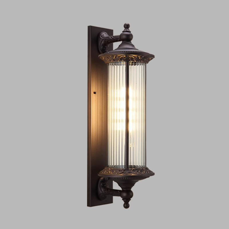 1-Light Sconce Country Outdoor Wall Mount Lamp Fixture with Cylinder Clear Ribbed Glass Shade in Dark Coffee