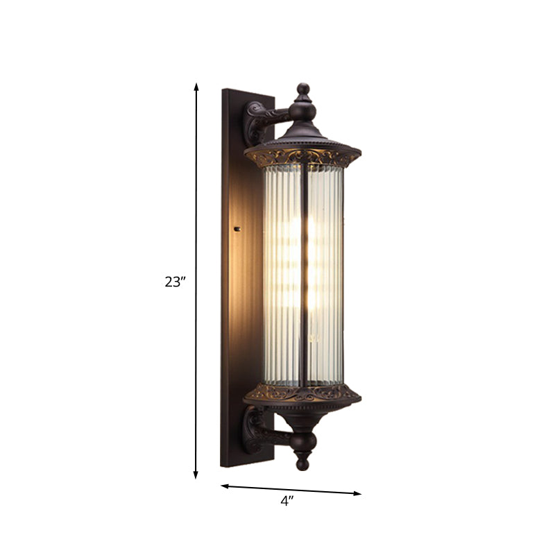 1-Light Sconce Country Outdoor Wall Mount Lamp Fixture with Cylinder Clear Ribbed Glass Shade in Dark Coffee