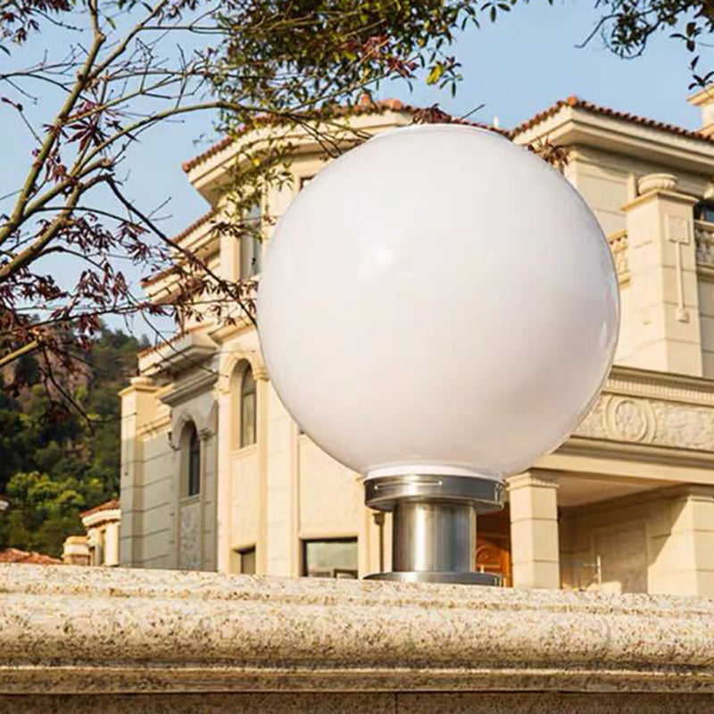 White Globe Outdoor Lights Silver Pillar Lamp with White Shade for Garden
