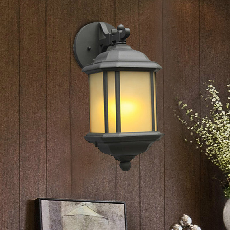 Cuboid Tan Glass Wall Sconce Lighting Country 1-Head Corner Wall Mount Lamp in Black with Removable Bottom
