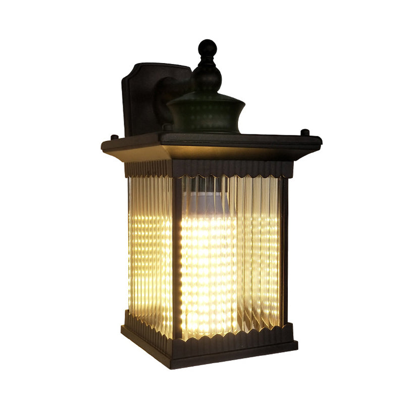 Metal Black Sconce Light Cuboid 1 Light Country Wall Mounted Lamp with Clear Ribbed Glass Shade