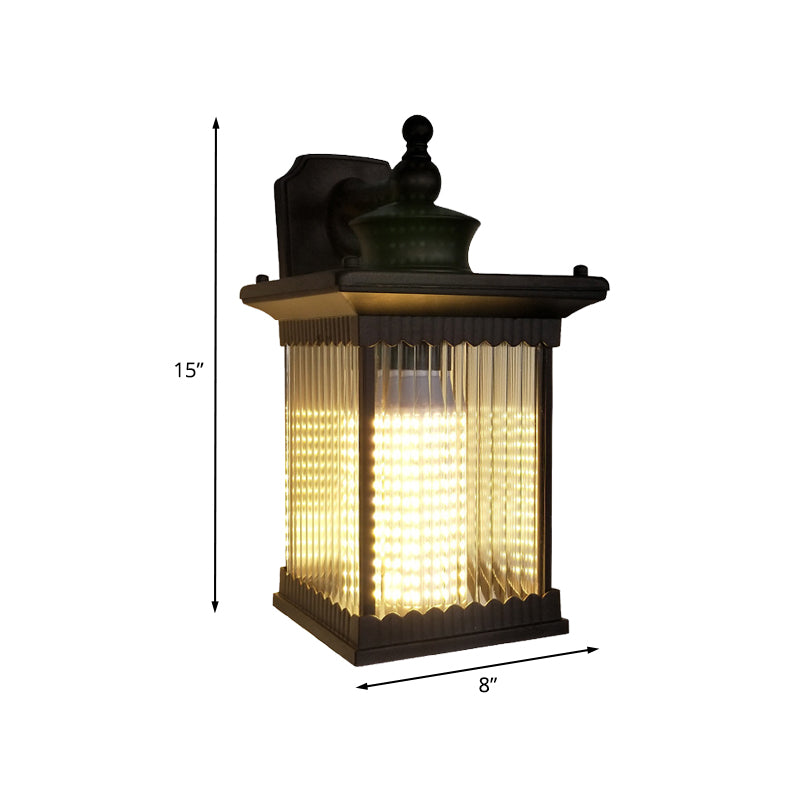 Metal Black Sconce Light Cuboid 1 Light Country Wall Mounted Lamp with Clear Ribbed Glass Shade