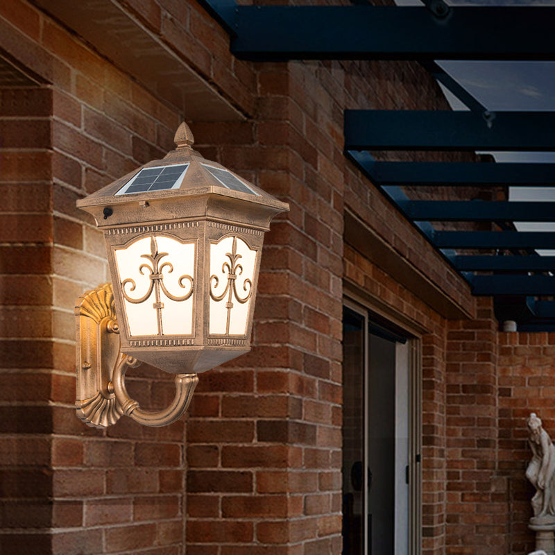 Aluminum Quartet Religion Wall Lamp Rustic 1-Light Courtyard Sconce Lighting in Brass with Solar Energy Panel