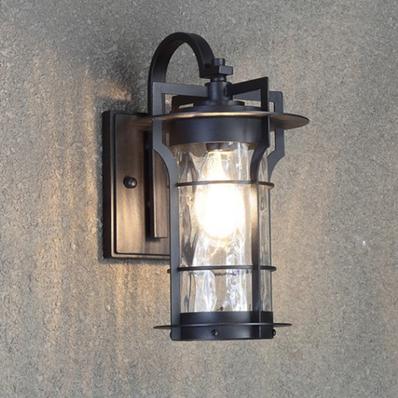 Country Cylinder Wall Light Sconce 1 Bulb Clear Water Glass Wall Mount Lamp Fixture in Black for Corner