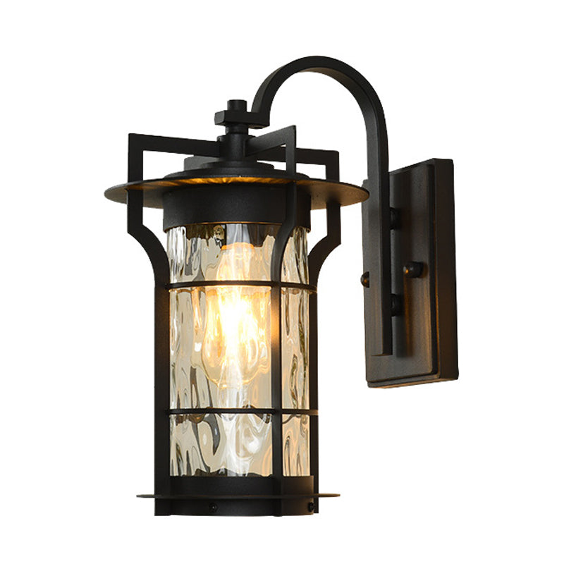 Country Cylinder Wall Light Sconce 1 Bulb Clear Water Glass Wall Mount Lamp Fixture in Black for Corner