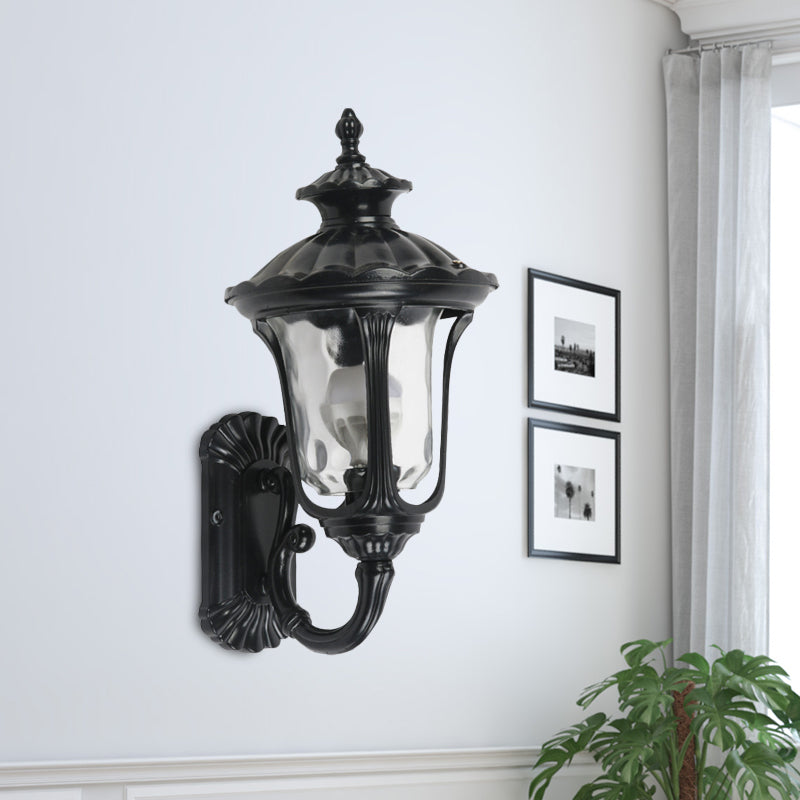 Rustic Urn Wall Light Sconce 1-Head Aluminum Wall Mount Lamp in Black/Bronze with Water Glass Shade for Corridor