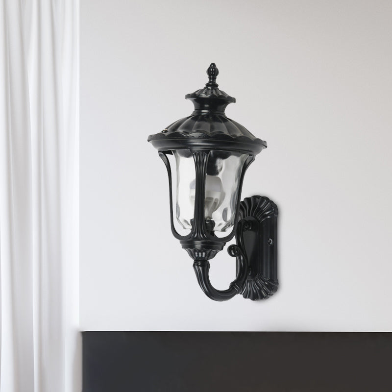 Rustic Urn Wall Light Sconce 1-Head Aluminum Wall Mount Lamp in Black/Bronze with Water Glass Shade for Corridor