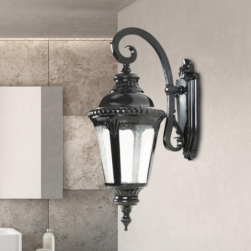 1-Light Sconce Rustic Courtyard Wall Lighting Ideas with Urn Clear Seeded Glass Shade in Black