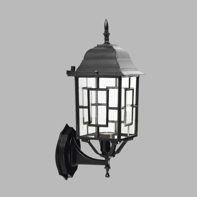 Metallic Pavilion Sconce Rustic 1 Head Garden Wall Lighting Ideas in Black with Clear Glass Shade