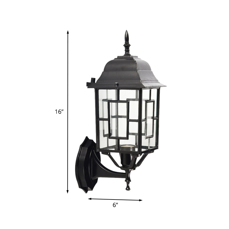 Metallic Pavilion Sconce Rustic 1 Head Garden Wall Lighting Ideas in Black with Clear Glass Shade