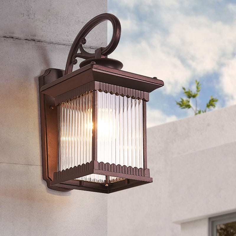 Lumo da parete in vetro a costola in vetro a 1 testa Rustica nera rustica cuboide Cuboid Outdoor Wall Sconce lampada